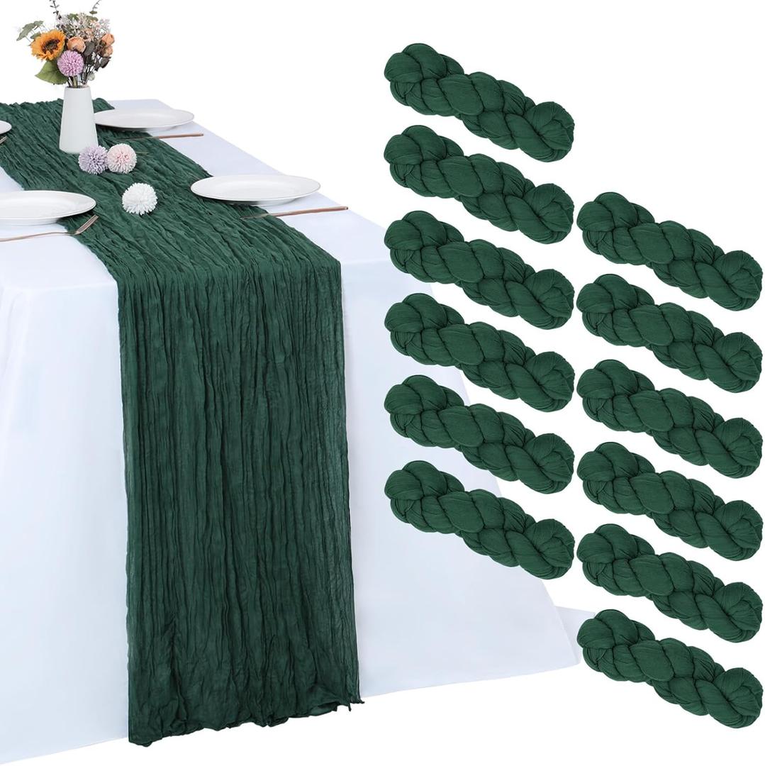 12 Pack Emerald Green Cheesecloth Table Runner 10FT Cheese Cloth Boho Gauze Fabric Table Runner 35 x 120 Inch Rustic Sheer for Holiday Wedding Decor Baby Shower Party Decoration