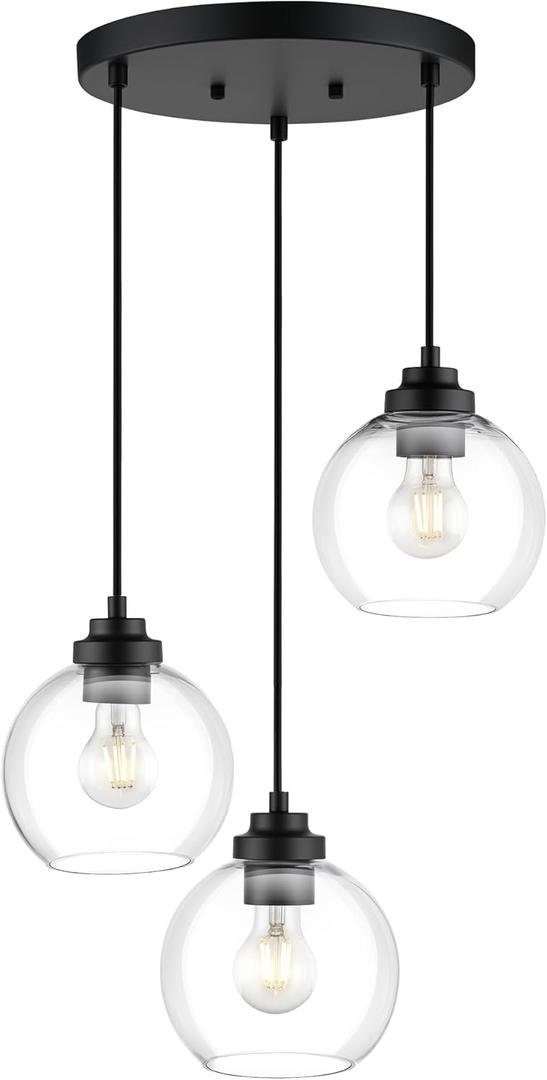 3-Light Black Pendant Light Fixture, Globe Cluster Hanging Light, Kitchen Island Lighting with Clear Glass for Dining Room Living Room Laundry Entrance Foyer, ZCPL101BK-3C (6.7 inch)