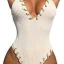 HYTENSUN Women's Criss Cross One Piece Swimsuits V Neck Binding Ribbed Swimwear High Cut Bathing Suit (145-beige)
