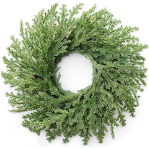26" Norfolk Pine Wreath, Large Greenery Wreath for Front Door, Green Year Round Real Touch Artificial Wreath for Wall Porch Rustic Home Holiday Decor, with Lights, Red Bow, Bell, FF11