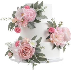 Serra Flora 3Pcs Pre-made Silk Flowers Cake Topper Wedding Artificial Flowers Decor Blusher Pink Flowers Cake Decorations for Girl Sweet Weddings Boho Party Supplies.