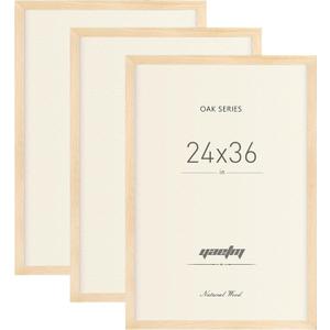 Yaetm 24x36 Oak Frames Set of 3, Wide Molding, Natural Solid Wood 24x36 Poster Frame, Display Large Picture with Plexiglass for Wall Mount (3 pack, Oak)