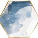 Harlow & Grey Malibu Watercolor Large Party Plates Set, 24 Ct Pack, 10.5 Elegant Disposable Paper Dinnerware Supplies for Birthday, Wedding, Shower, Anniversary, Engagement, Holiday, Blue & Gold