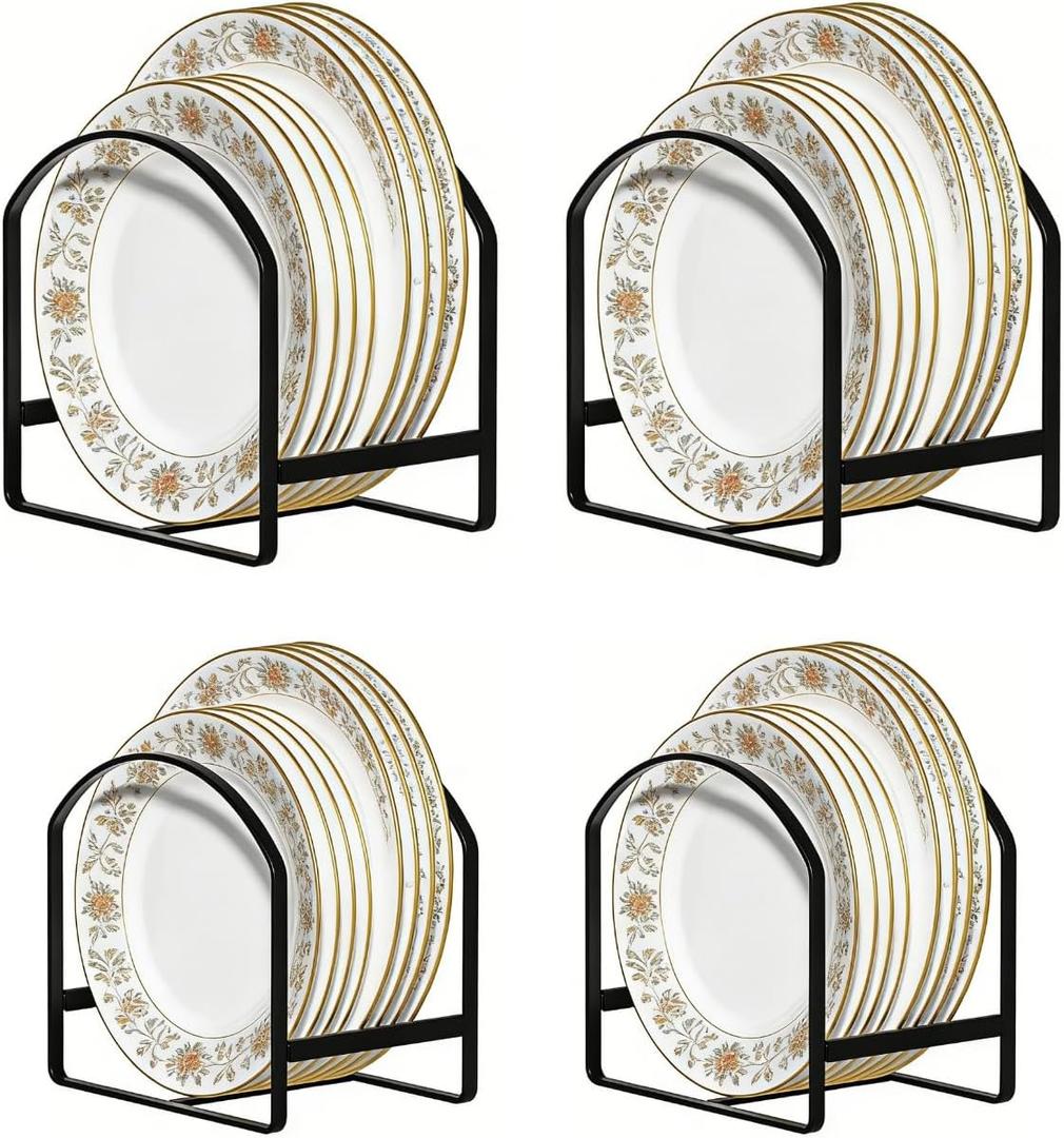 4 Pack Kitchen Plate Holder Organizer for Cabinet Space Saver Dinner Dish Plate Storage Rack Upright Dish Drying Racks Metal Dish Racks Stand for Cupboard and Countertop 2 Large 2 Small Black