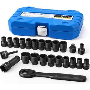 3/8-Inch Pass Through Socket Set, 24-Piece SAE & Metric 12-Point Go-Thru Sockets with 2-in-1 Ratchet (72-Tooth), Adapter, Extension Bar & Sturdy Case, CR-V Steel