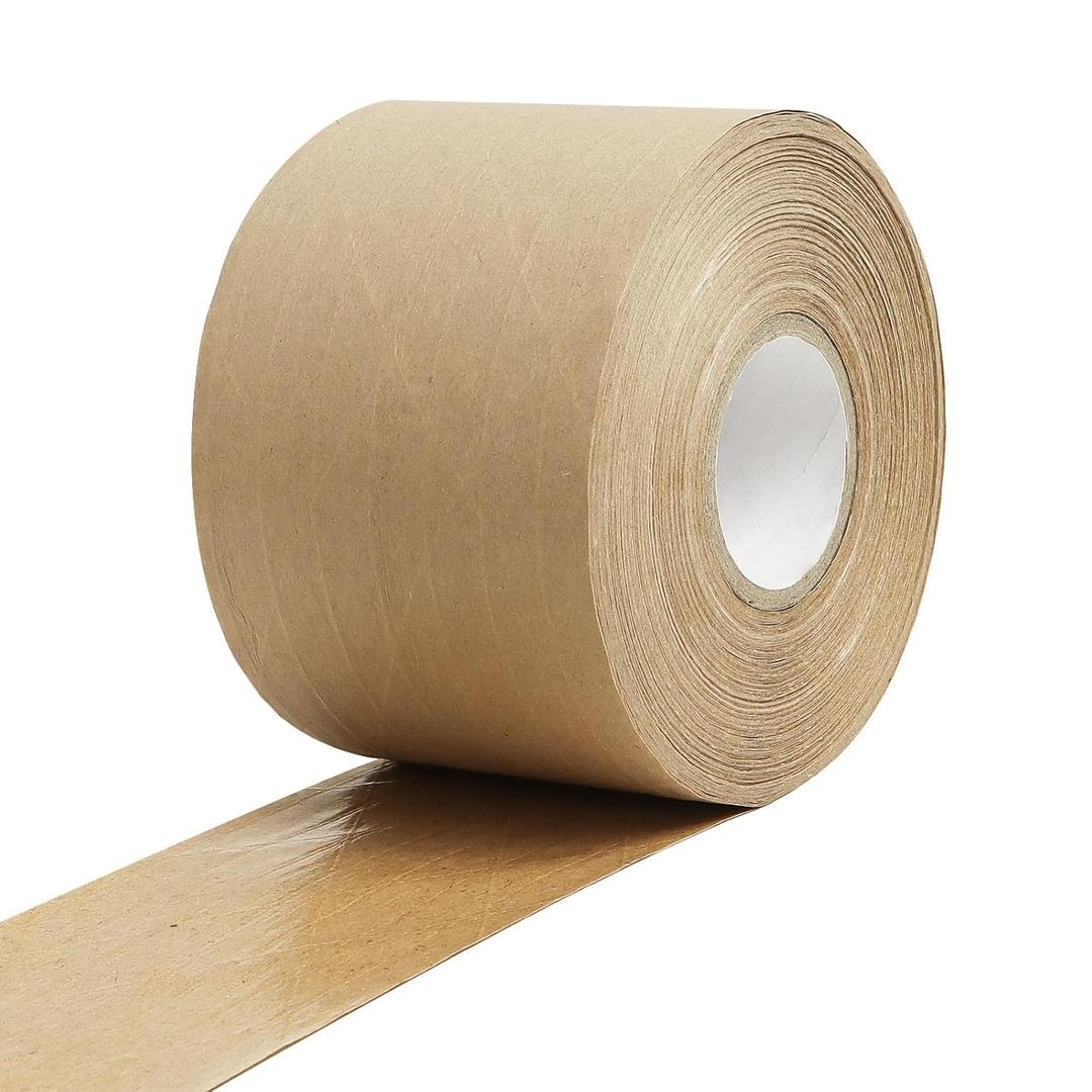 Reinforced Water Activated Gummed Kraft Paper Tape,2.76 inch x 49.2 yd Brown Packing Tape for Heavy Duty Secure Packing and Shipping