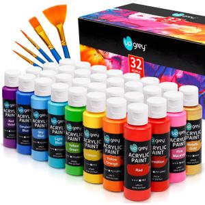 UPGREY 32 Colors Acrylic Paint Set, Non-Toxic Art Paints (2fl Oz/60mL Each) with 5 Craft Paint Brushes for Kids and Adult, Metallic Acrylic Paints for Wood Canvas Crafts Stone Ceramic Model Painting