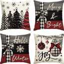 Merry Christmas Joy Xmas Trees Red Throw Pillow Covers, 16x16 Inch Christmas Winter Holiday Cushion Case Decoration for Sofa Couch Set of 4, Red&black, 16" x 16" (Pack of 4)