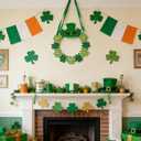 5 x 12 Inch St Patricks Day Shamrock Wood Hanging Welcome Sign Wreath for Front Door, Saint Patricks Lucky Shamrock Wood Sign with Gold Glitter and Plaid for Indoor Outdoor