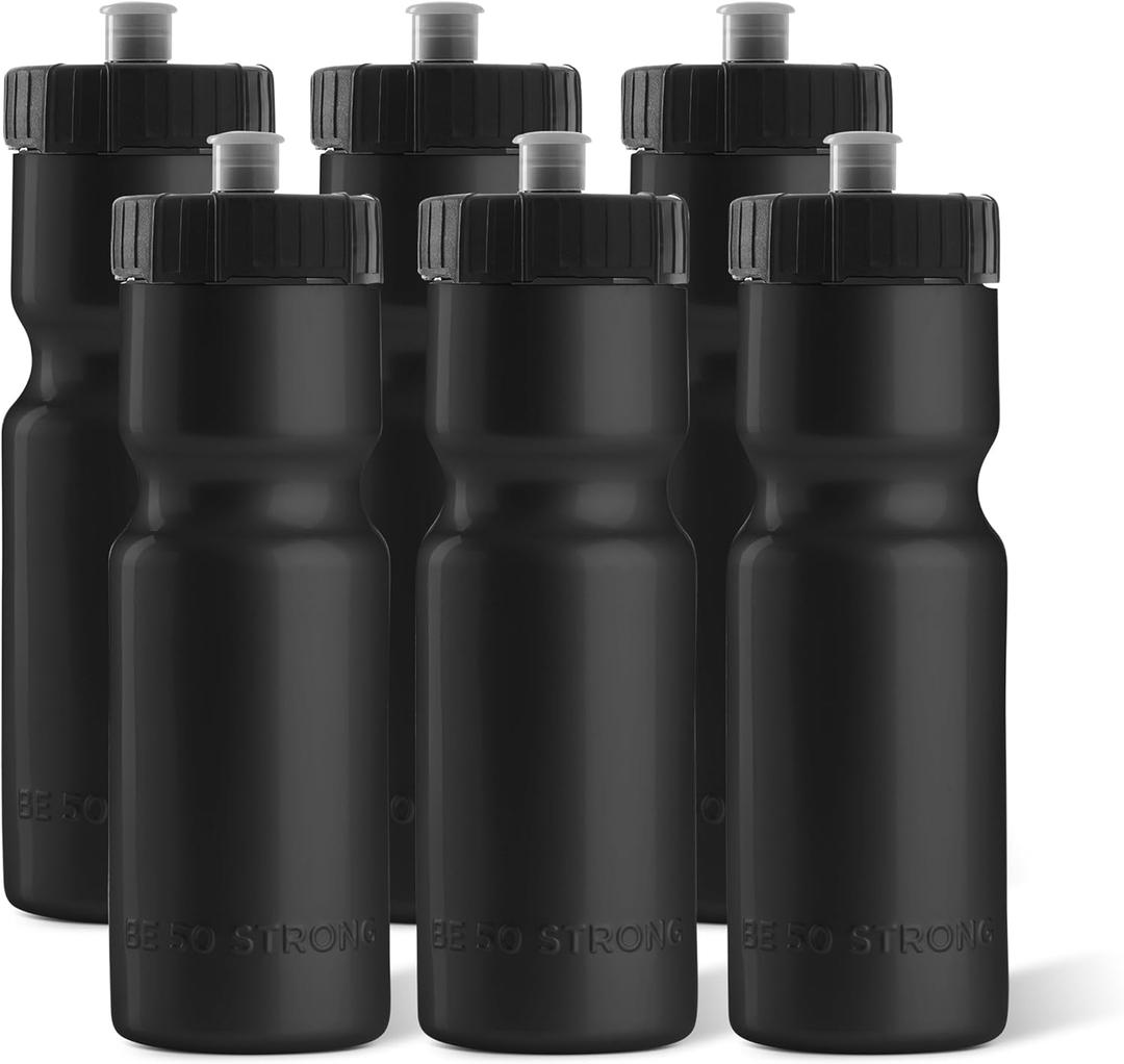 50 Strong Sports Water Bottles  Reusable 22 oz BPA-Free Plastic Bottles with Pull Top Cap  Made in USA  Top Rack Dishwasher Safe  Fits Most Bike Cages Brand (Black)