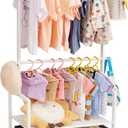 Kids Clothing Rack Bamboo with 2 Storage Baskets and 2 Adjustable Hanging Rods,Child Garment Holder with Shelf, Dress up Stand for Playroom,Toddlers Bedroom (White)