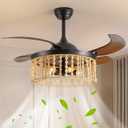 Boho Retractable Ceiling Fan with Lights 42 Inch Wood Beaded Chandelier with Fan Farmhouse Black Rattan Fandelier with Brown Retractable Blade for Bedroom Kids Room Girls Room Kitchen