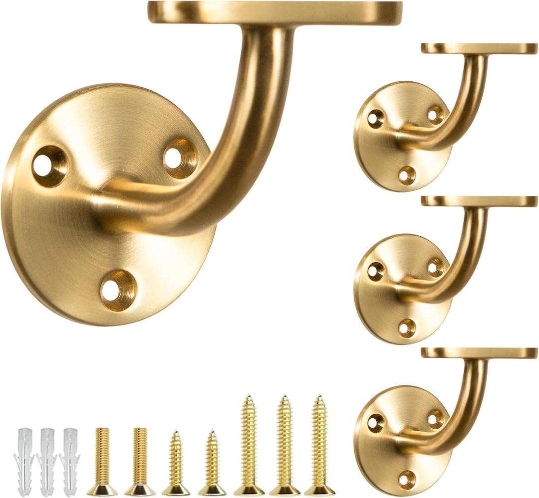 Heavy Duty Gold Handrail Brackets for Indoor Stairs, 304 Stainless Steel Stair Railing Bracket, Wall Mount Banister Brackets for Wood & Metal Stair Railing (4 Pack)