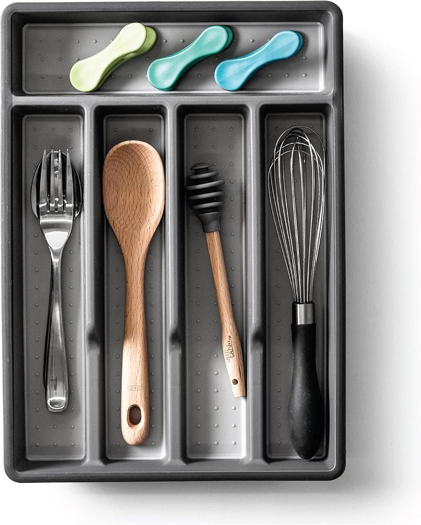 BINO | 5-Slot Silverware Organizer | Small - Grey Cutlery Tray Organizer | Silverware Storage for Drawer | BPA-Free Plastic Organizers with Soft-Grip Lining and Rounded Corners | Utensil Organizer