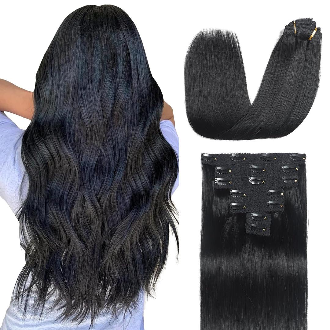 Sisily Clip in Hair Extensions Real Human Hair, 20 inch 120g, Jet Black, 100% Brazilian Remy Human Hair Clip in Extensions Soft Straight 7pcs Per Set with 16 Clips Double Weft
