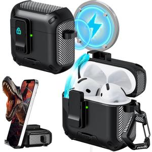 RFUNGUANGO for AirPods 4th Generation Case 2024 Latest Multi Functional Earphone Case Bracket Function MagSafe Function Anti Fall Lock Automatic Open Cover 2024 A+Series-Black