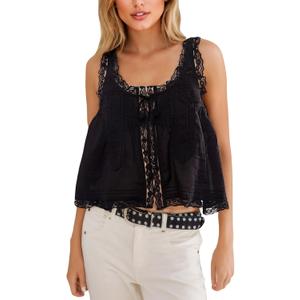 Womens Summer Boho Lace Tie Front Relaxed Fit Thin Sheer Tank Flowy Vest Tops Button Down Sleeveless Y2K Clothes (Black, M)