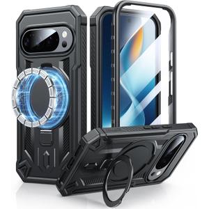 FNTCASE for Google Pixel 10 & 10 Pro Case: for Pixel 9 & 9 Pro Case with Magnetic Ring Stand Holder | Military Grade Shockproof Protective Rugged Cell Phone Cover | Heavy Duty Cases - 6.3 Inch Black