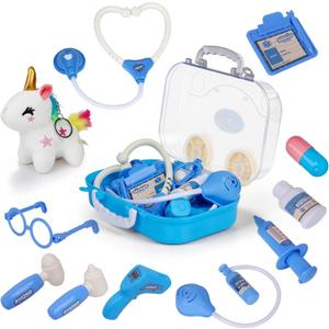 Doctor Kit for Toddlers 3-5 - Kids Veterinarian Playset with Plush Unicorn, Stethoscope & Portable Storage Box - Medical Pretend Play Toddler Toy Gift for Boys Girls Ages 3+, 12 Pieces, Blue