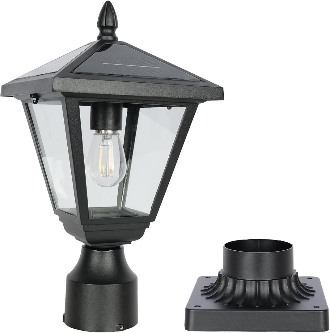 Solar Post Lamp Lights, Metal and Glass Built Dusk to Dawn Solar Post Lights with Pier Mount Base, 6000K Outside Lights Outdoor Waterproof for Garden Yard Pole Pillar(Cool White)