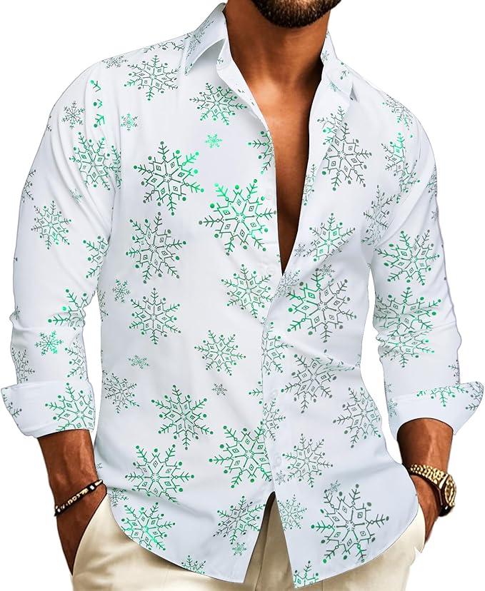 Barry.Wang Mens Christmas Shirts Xmas Holiday Party Button Down Dress Shirts Long Sleeve Snowflake Tree Shirt Halloween, Small