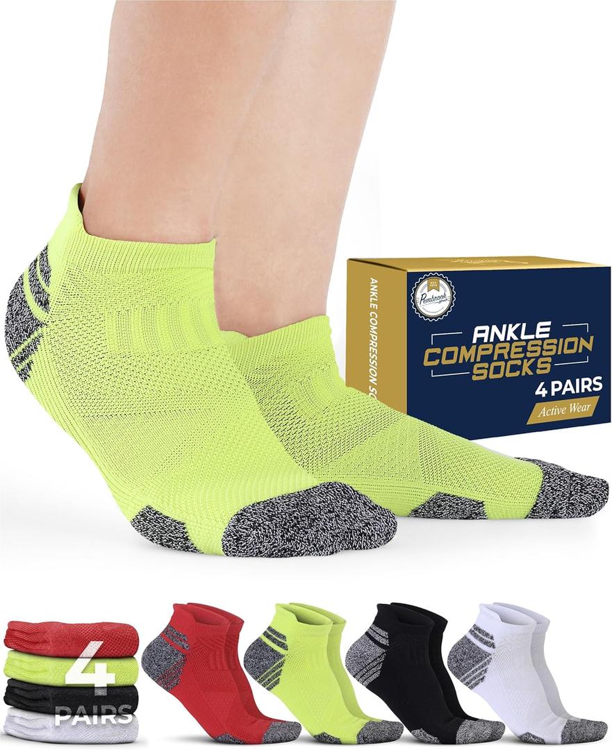 Pembrook Ankle Compression Socks for Women & Men - 4 Pairs | Sports Running Compression Socks | Athletic Ankle Support Socks (Medium)