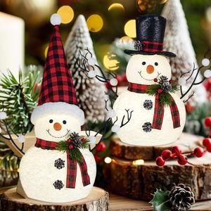 2 Pack Christmas Table Decorations, 14" Lighted Plush Snowmen Christmas Trees with Pine Cone Twigs, Light Up Snowman Holiday Present, Battery Operated Xmas Gifts Tabletop Ornaments (Black and Red)