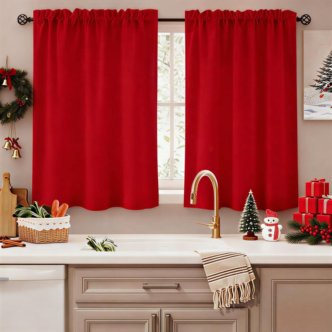 HOMEIDEAS Christmas Non-See-Through Red Privacy Sheer Kitchen Curtains 36 Inches Long 2 Panels Set Light Filtering Curtains for Living Room Bedroom Drapes,W30xL36