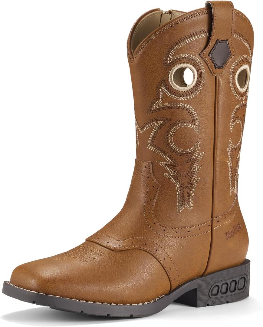 Rollda Boys Cowboy Boots Kids Western Boots Square Toe Girls Cowgirl Boots, 1 Little Kid (Brown)