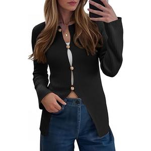 Saodimallsu Womens Ribbed Long Sleeve Sweater Tops Button Up Crewneck Slim Fitted Cardigans Sexy Going Out Knit Shirts XL
