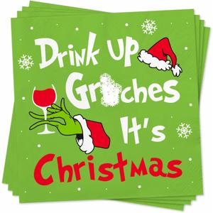 Funny Christmas Cocktail Napkins, 50 Pack Holiday Dinner Paper Napkins, Cute Birthday Christmas Party Decor Supplies, White Elephant Gifts Stocking Stuffer, 5x5 inch