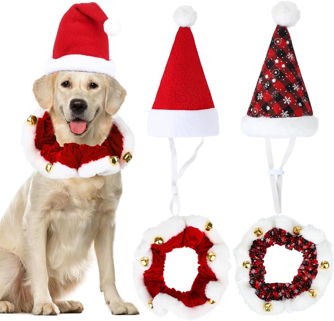 Sadnyy 4 Pack Dog Christmas Outfits Pet Dog Santa Hat and Christmas Collar with Bells Ornaments Xmas Holiday Outfit Costume Clothes Adjustable Hats Neckwear for Small Large Dogs Pets Cats(Large)