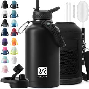 Insulated Water Bottle | Thickened Stainless Steel Vacuum Metal Thermos | Portable Sports Half Gallon Large Water Jug for Gym and Hiking with Straw, Carrier Bag, Handle Strap | BPA-Free 64 oz (Advanced Black)