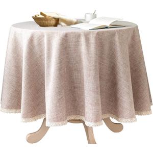 Linen Rustic Burlap Washable Tablecloth,Solid Heavy Weight 70 Inch Round Overlay Lace Edge Table Cover for Kitchen Dinning Decoration