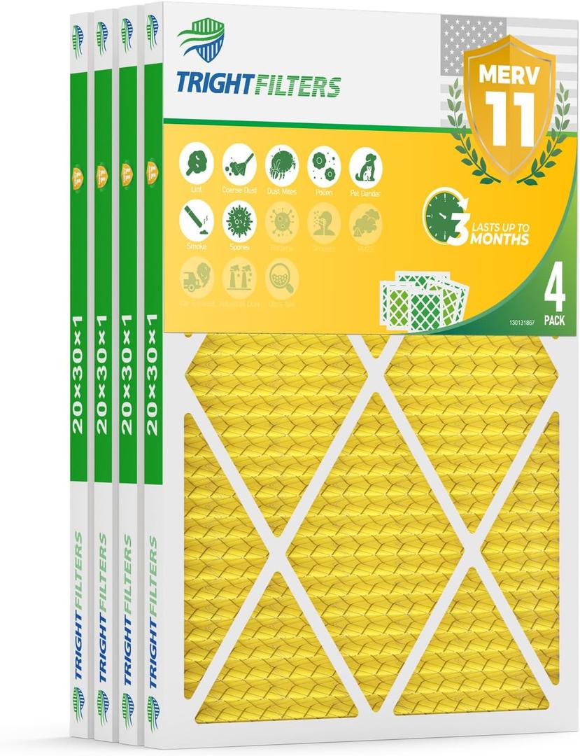 TRIGHTFILTERS 20x30x1 Air Filter 4 Pack, MERV 11 Dust & Pet Dander Defense