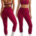 OMKAGI 2 Piece Workout Sets for Women Halter Sports Bras Gym Sets Booty Leggings Outfits (Medium, 524-red Plum White Piping)