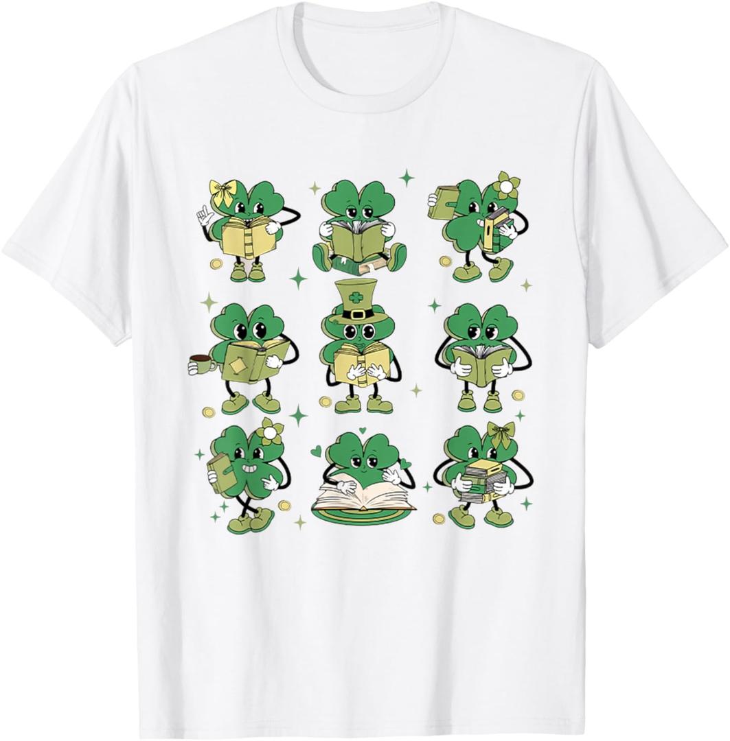 Cute Shamrock Reading Books St Patrick's Day Teacher Reading T-Shirt(M, White)