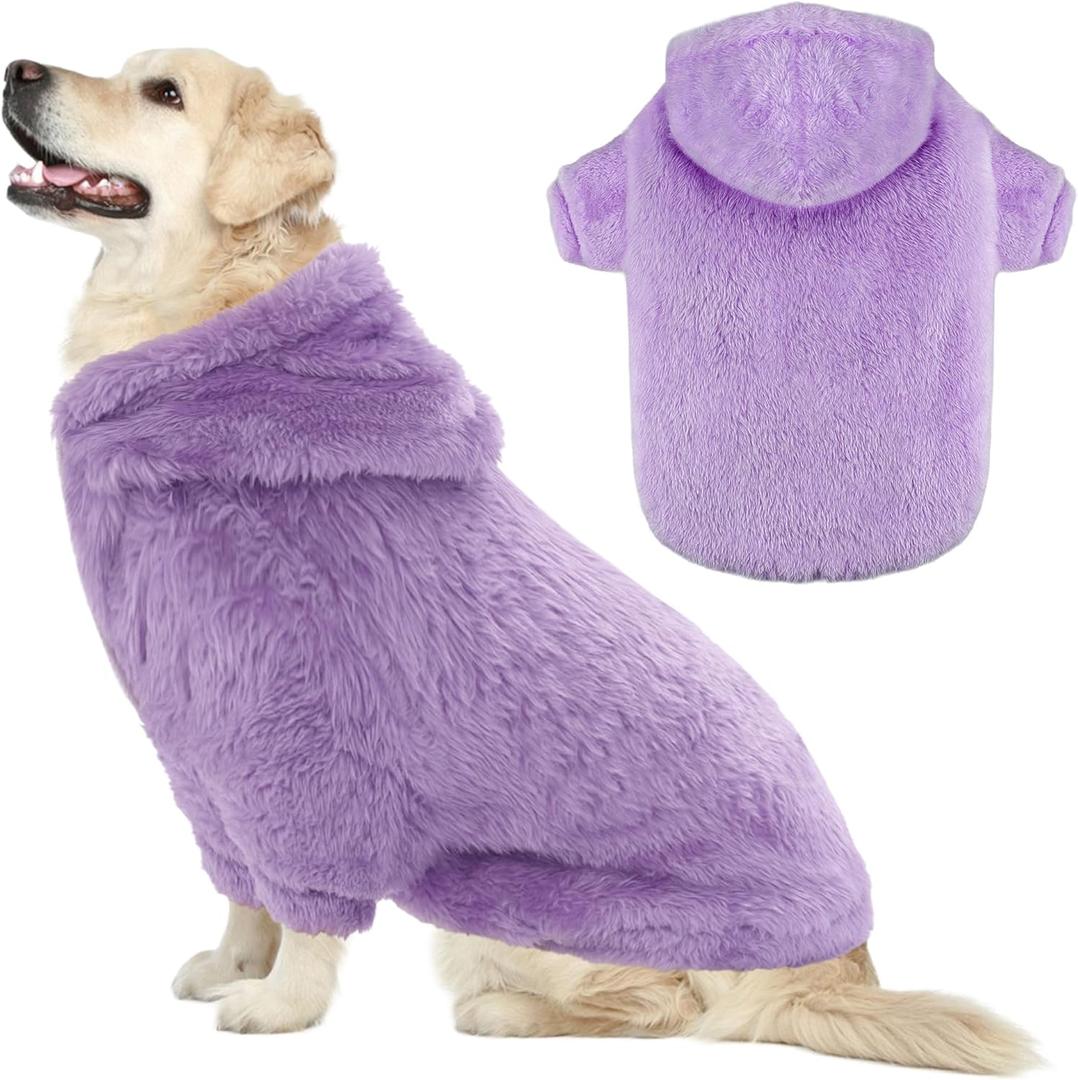 Fuzzy Dog Hoodie Sweater for Large Dogs Warm Winter Dog Clothes with Double-Sided Plush Fleece Soft Stretchy Pet Coats Hooded Sweatshirt for Medium Large Dogs (XL (Back: 24.8",Chest: 33.86",35-55lbs), Purple)