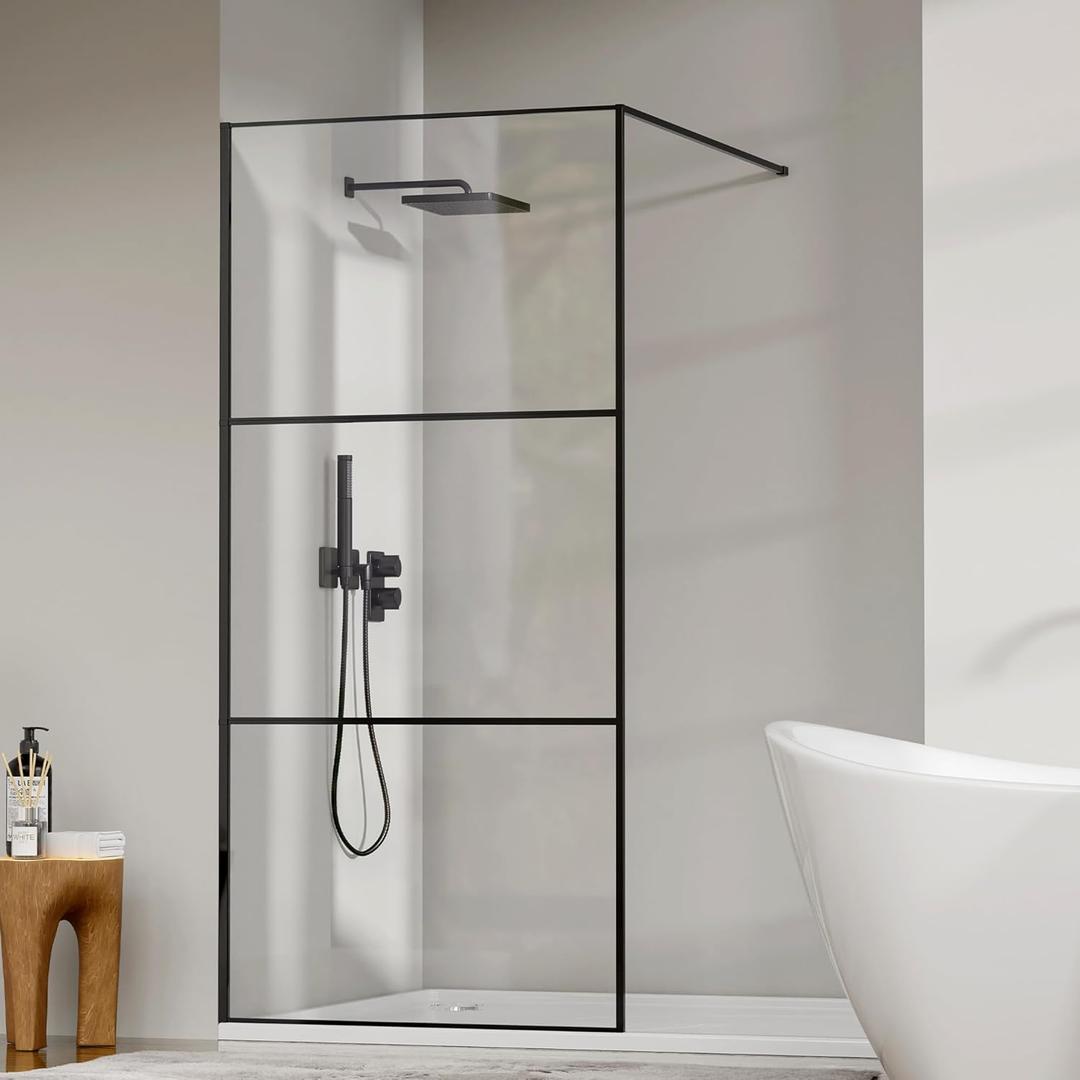 Fixed Shower Glass Panel 36" W  75" H, 1/5"(5mm) SGCC Clear Tempered Glass Shower Door, Framed Bathroom Shower Screen, Matte Black, Adjustable Support Bars & 3 Pieces Divided Pattern
