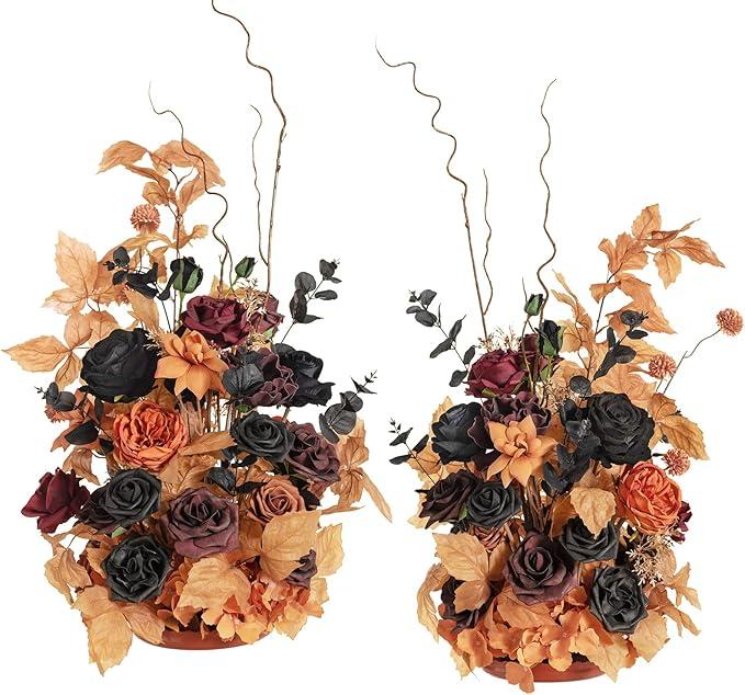 Ling's Moment 41" Tall Free Standing Artificial Flowers Arrangements 2 pcs Wedding Arch Altar Stage Decorations Dusty Blue Navy for Ceremony Reception Silk Rose Fake Floral Party Outdoor Beach Decor,  Oange blackand Pumpkin Orange