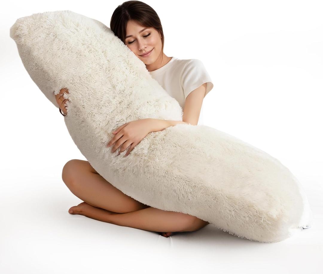 HIGOGOGO Body Pillow for Adults Extra Long Full Body Pillow with Removable Cover and Memory Foam Filling, for Side Sleepers and Pregnancy, Soft Support Pillow, Machine Washable (20x54 Inch) (Faux Fur-Beige)