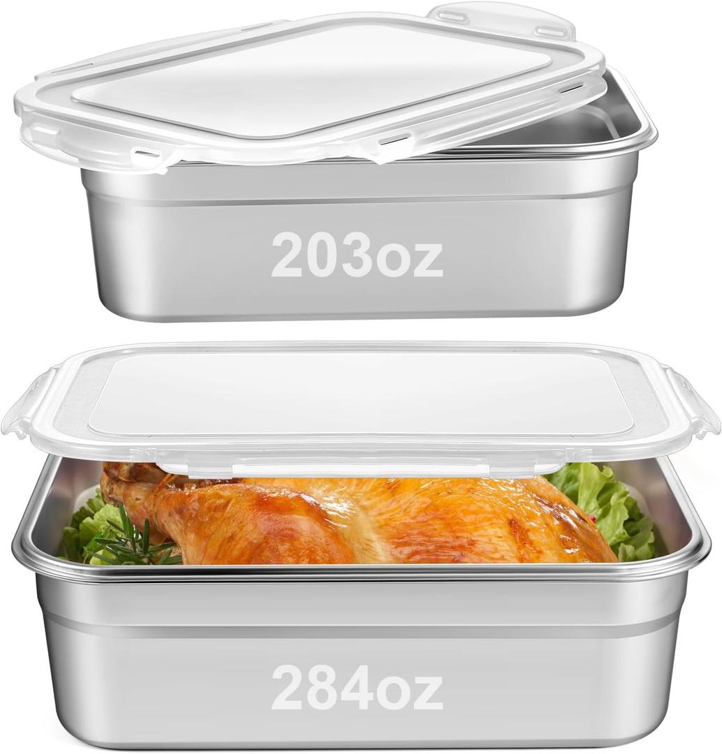 2 Pcs Large Stainless Steel Marinating Containers with Lids, Food Storage Containers for Refrigerator, Leak-proof & Stackable for Meal Prep, Meat(284oz/8.4l + 203oz/6l,No Handle)