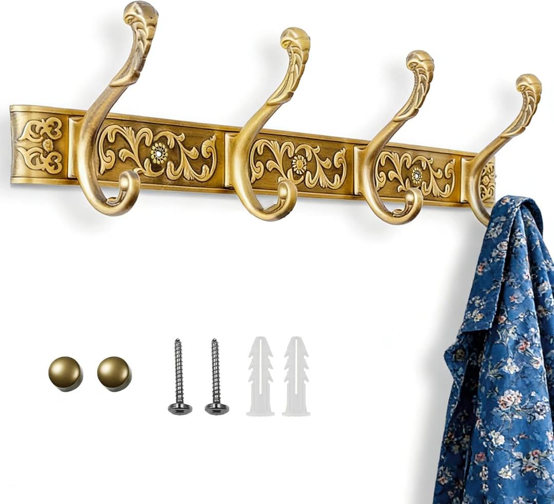 Coat Rack Wall Mount, Vintage Wall Hooks with 4 Dual Hooks for Hanging Coats, Heavy Duty Aluminum Alloy Coat Hanger Wall Mount, Towel Rack for Bathroom Entryway Bedroom Mudroom - Antique Brass