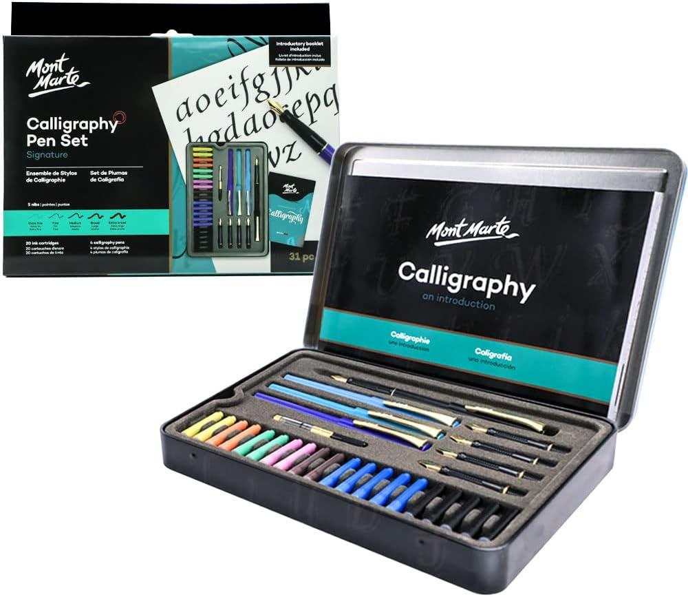Mont Marte Calligraphy Set, 32 Piece. Includes Calligraphy Pens, Calligraphy Nibs, Ink Cartridges, Introduction Booklet and Exercise Booklet, Packaging May Vary