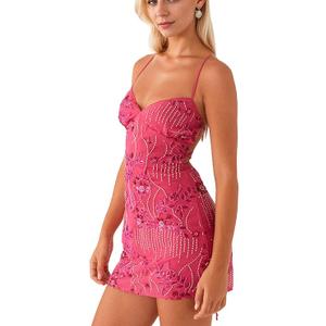 Women Sequin Sparkly Rhinestone Mini Dress Sleeveless Backless Deep V Neck Glitter Short Cami Dress Party Clubwear (Medium, Hot Pink)