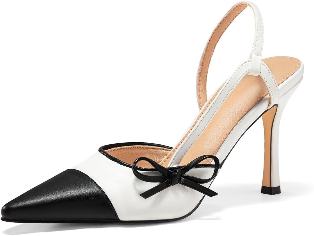 Coutgo Womens Slingback High Heels Bow Tie Closed Pointed Toe Sexy Stiletto Two Tone Dress Pumps Shoes (9.5, Beige)