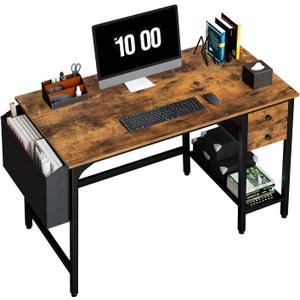 Lufeiya Computer Desk with Drawers - 40 Inch Work Reversible Small Desk for Bedroom Home Office, Simple Study Writing Table PC Desks with Drawer Storage Shelves, Rustic Brown