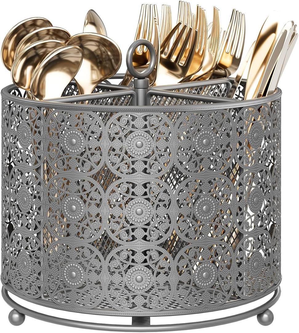 Rotating Utensil Caddy Countertop - Higher Raised Cutlery Caddy Holder - Metal Silverware Caddy Organizer with 4 Compartment for Kitchen Counter Party Office Silver