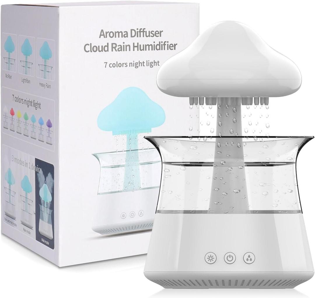 Aroma Cloud Rain Humidifier for bedroom with Soothing Rain Sounds Sleep Aid, Waterfall Night Light, Mushroom Design Air Moisturizer Room Decor Aesthetic for living room (White) (Regular)