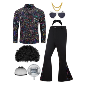 70s Disco Outfit for Men 70s Costume with Retro Shirt Bell Bottom Pants Wig Sunglasses Necklace Mustache, M